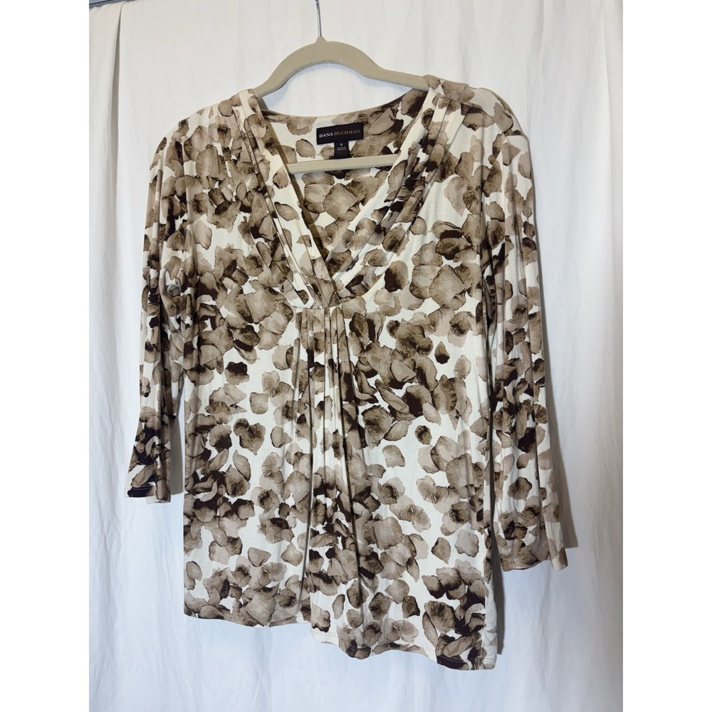 Dana Buchman Women's Brown Floral Print Long Sleeve V Neck Top‎ Size Med AA17
